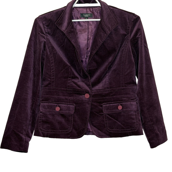 Talbots Velvet Blazer Jacket Size 14 Purple 1 Button Long Sleeve Lined Pockets - Picture 1 of 8